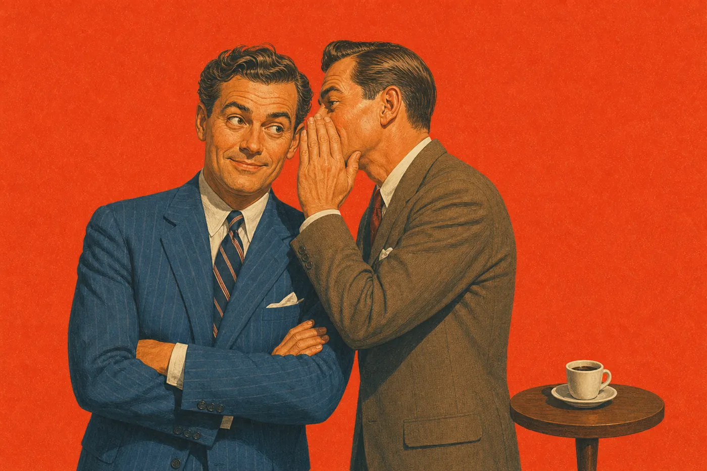 Illustration années 50 : un homme glisse une recommandation à l'oreille d'un autre, une tasse d'espresso posée à côté.