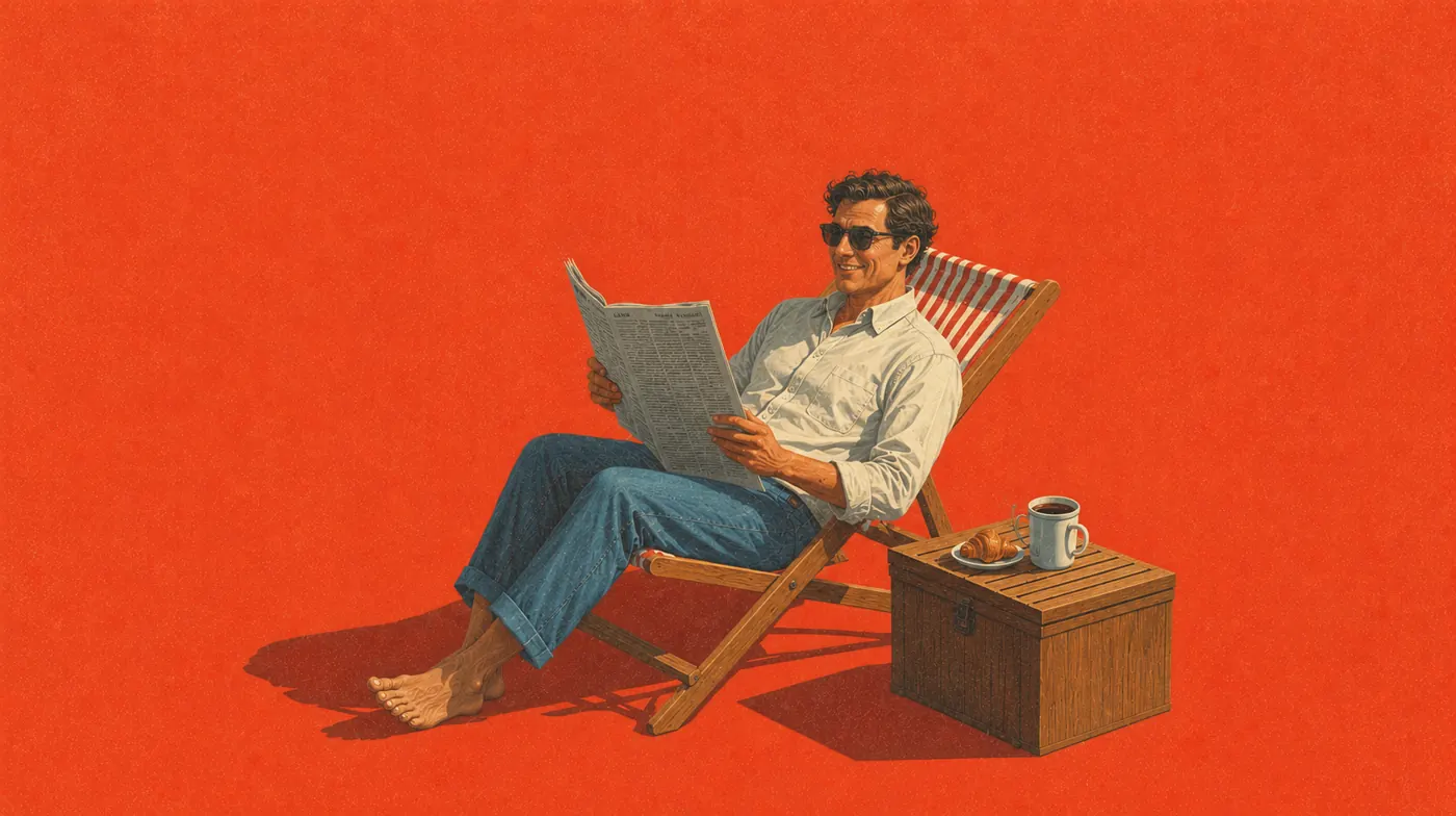 Illustration années 50 : un homme lit son journal dans un transat, une tasse de café posée sur une caisse en bois.