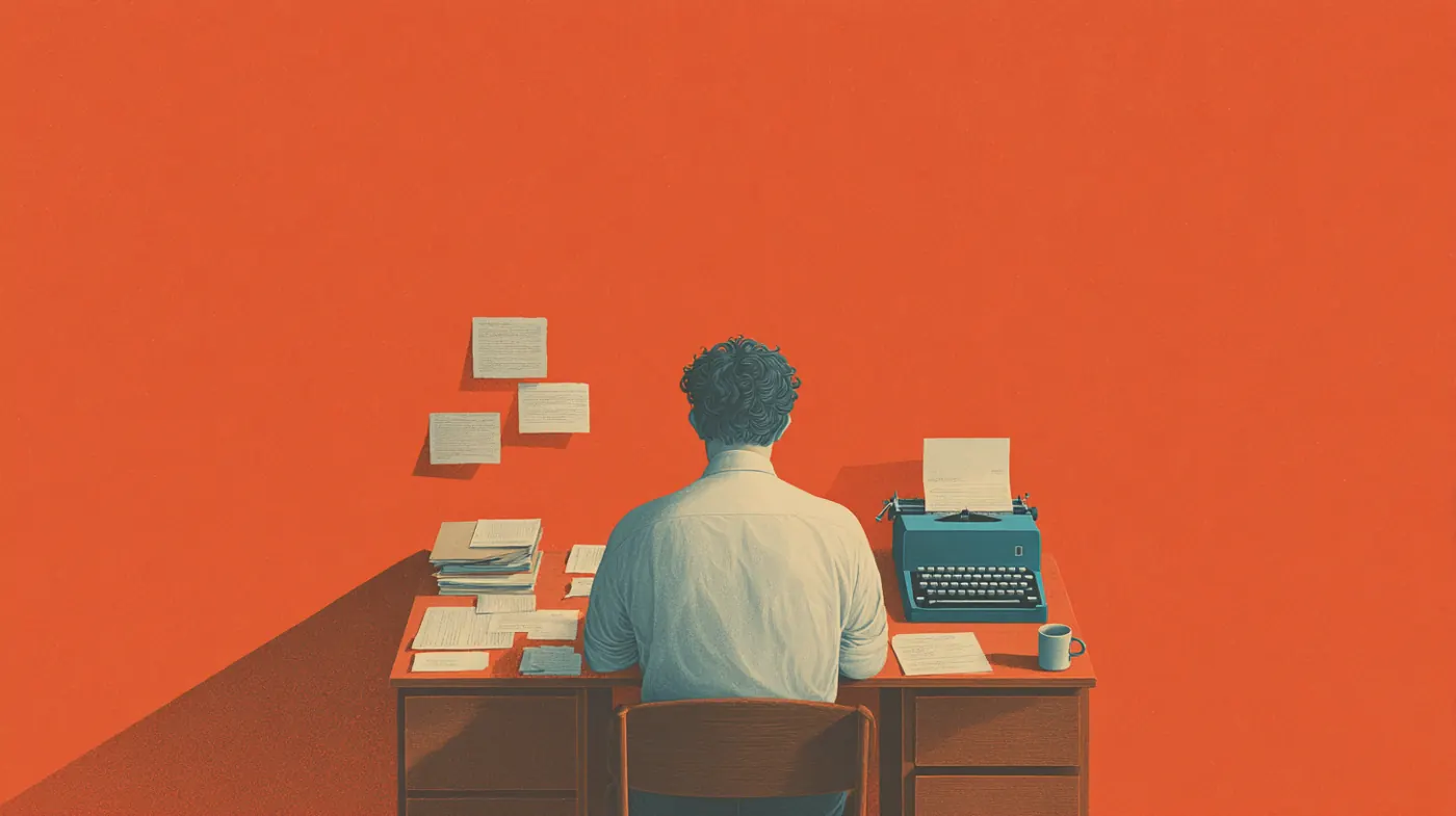 Illustration années 50 : un homme de dos tape à la machine à écrire à son bureau, des notes épinglées au mur.